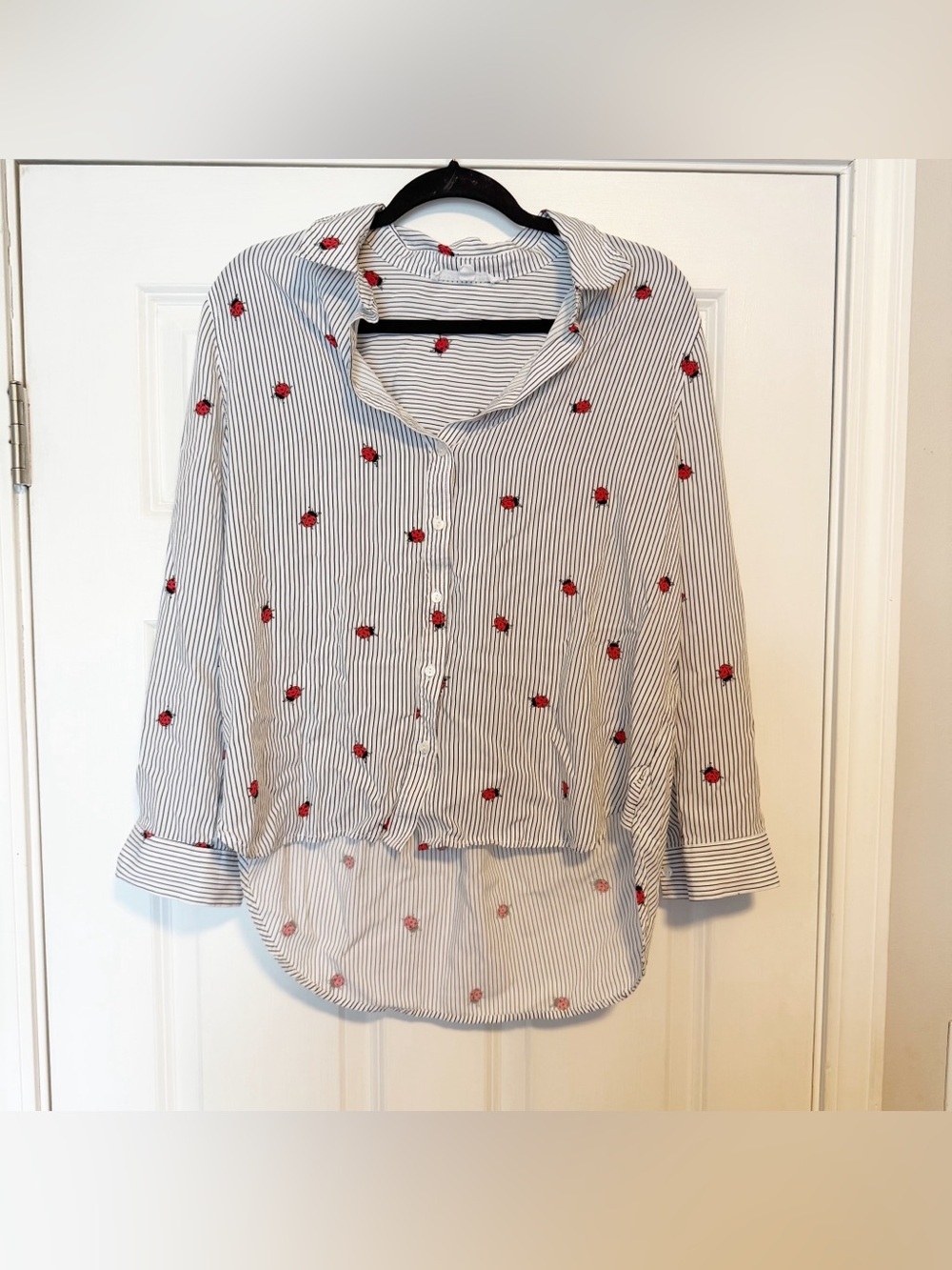 Jane+ Delancey ladybug stripped loose lightweight button up blouse
